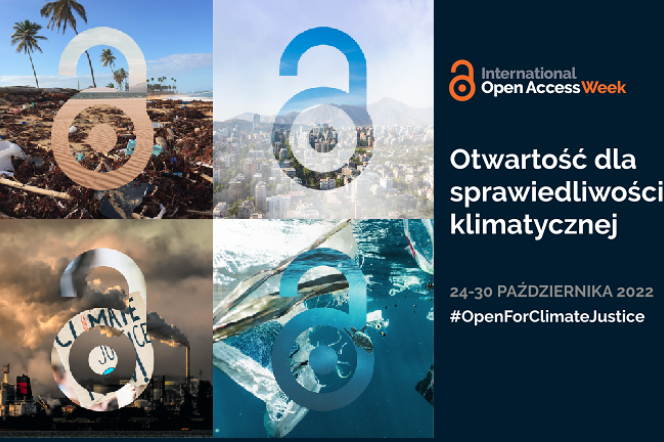 Napis "otwartość dla sprawiedliwości klimatycznej" i logo Open Access Week
