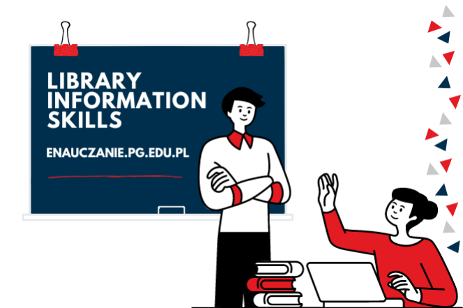 napis Library Information Skills i obrazek nauczyciela i ucznia w szkolnej ławce