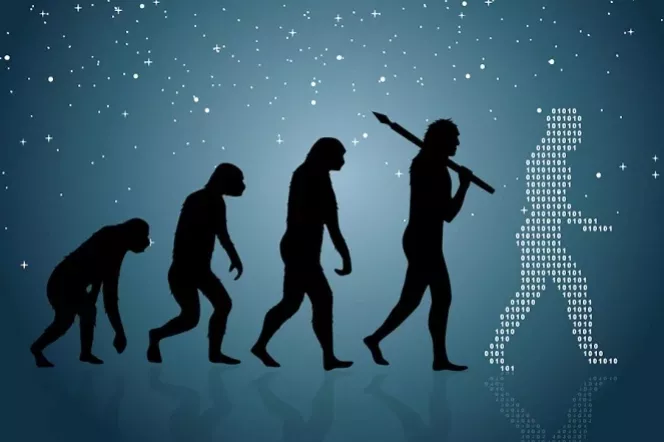 czarne kształty postaci przedstawiające drogę ewolucji od małpy do człowieka