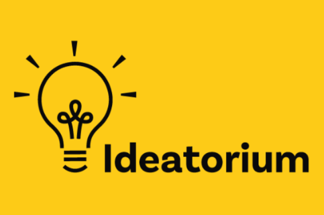 Logo Ideatorium czarna żarówka na żółtym tle 