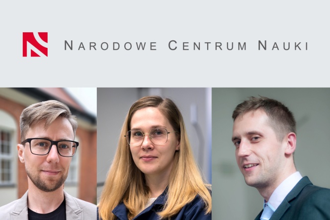 U góry logotyp NCN. Poniżej zdjęcia trójki naukowców PG od lewej: mężczyzna w okularach, kobieta z długimi włosami w okularach, mężczyzna z krótkimi włosami.
