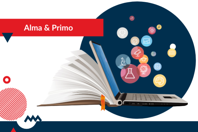 grafika książki i otwartego laptopa z napisem "Alma & Primo"