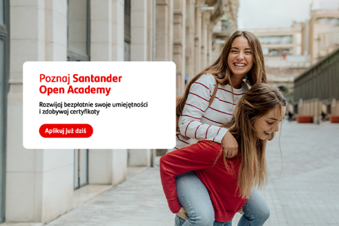 Na plakacie widoczne są ppostacie dwóch młodych i roześmainych kobiet oraz link do aplikowania na Santander Open Academy