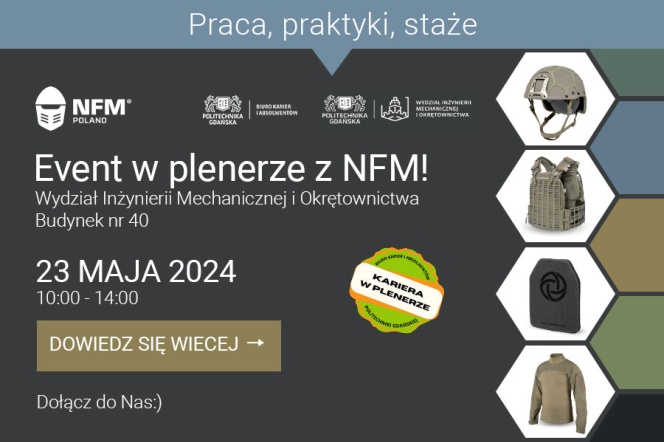 Plakat z czarnym tlem przedstawia kask, kamizelkę kuloodporną oraz ubranie wojskowe oraz informacje dotyczące spotkania z firma NFM Poland