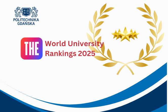 Logo Politechniki Gdańskiej, THE World University Rankings i wieniec laurowy