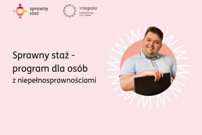Na zdjęciu na różowym tle mężczyzna oraz informacja o stażu