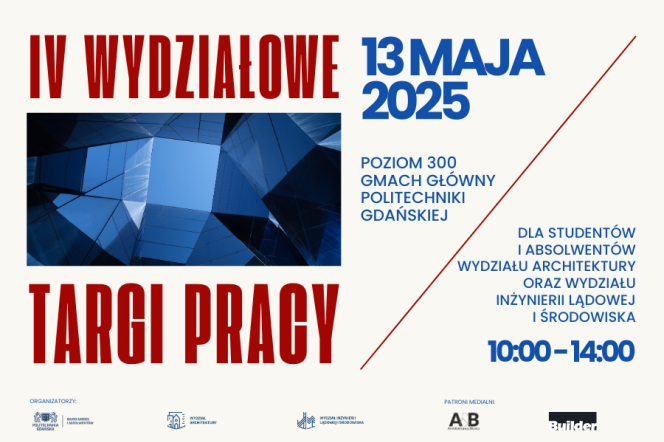 Na białym tle widnieje zdjecie z fragmentem szklanego budynku na tle niebieskiego nieba oraz nazwa targów pracy w kolorze czerwonymniebieskiego szklanego