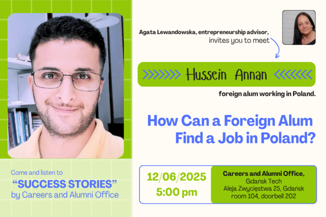 The poster, in green and white, shows a photo of a graduate and a photo of an entrepreneurial advisor, as well as information about the meeting