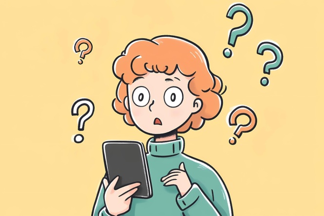 A cartoon girl handing tablet, having the question marks over the head.