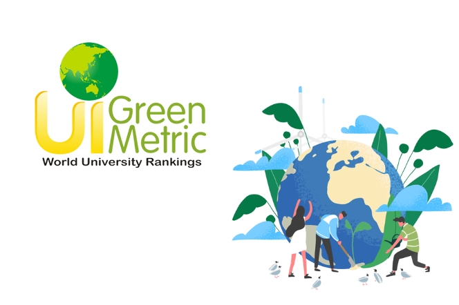 Napis UI GreenMetric i grafika z ludźmi dbającymi o kulę ziemską