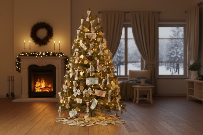 Christmas tree with banknotes instead of the balls