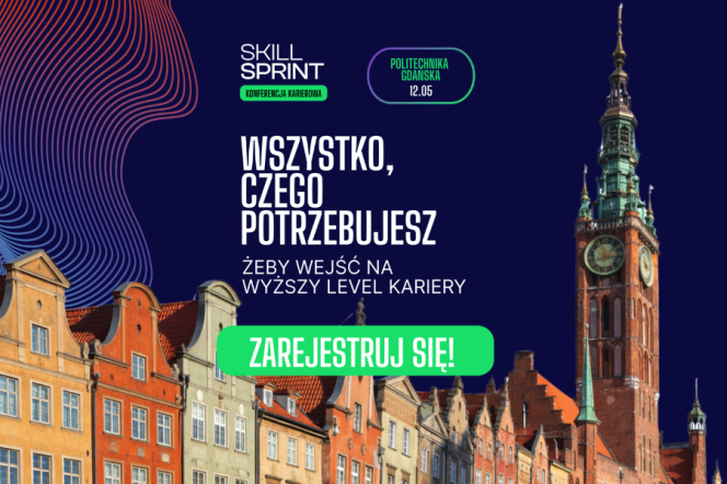 na granatowym tle widoczne sa kamienice Gdańska wraz z wieżą kościelną oraz nazwa SKILL SPRINT w kolorzez białym wraz z datą i miejhscem konferencji