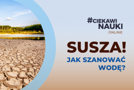 Baner z napisem susza i widokiem wyschniętej , popękanej ziemi 