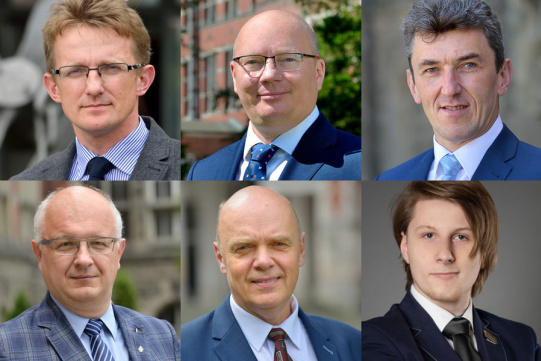 Na zdjęciu od lewej strony, górny rząd: dr hab. inż. Wojciech Litwin, dziekan elekt Wydziału Oceanotechniki i Okrętownictwa PG ;  prof. PG, prof. Krzysztof Wilde, rektor PG; Dr hab. inż. Paweł Śliwiński, prof. PG, dziekan elekt Wydziału Mechanicznego PG; w dolnym rzędzie: prof. Dariusz Mikielewicz, prorektor PG ds. organizacji i rozwoju, prof. Michał Wasilczuk, Wydział Mechaniczny, Przewodniczący Rady Dyscypliny Naukowej oraz Michał Słowik, student Wydz. Oceanotechniki i Okrętownictwa, wiceprzewodniczący SS