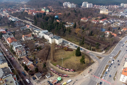 zdjęcie pętli tramwajowej w Oliwie z lotu ptaka