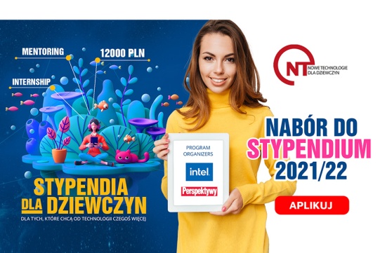 grafika programu stypendialnego, na zdjęciu młoda dziewczyna, napis "nabór do stypendium 2021/2022"