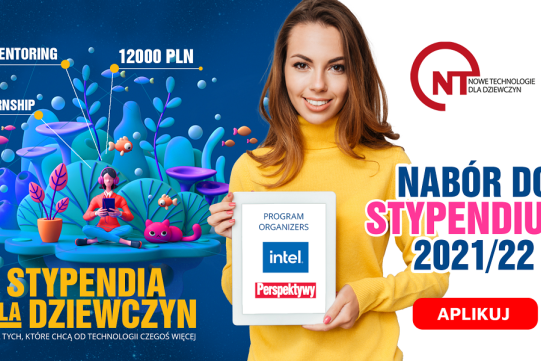Na zdjęciu widoczna jest kobieta ubrana w żółtą sukienkę reklamująca stypendia.
