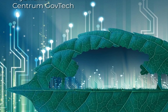 Na zdjęciu widoczny jest turkusowy liść z wyciętym środkiem na turkusowo-zielonym tle.