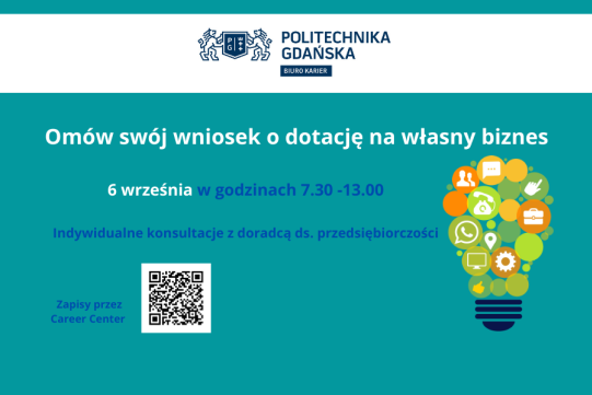 Na zdjęciu na turkusowym tle znajduje się kolorowa żarówka oraz informacja o konsultacjach.
