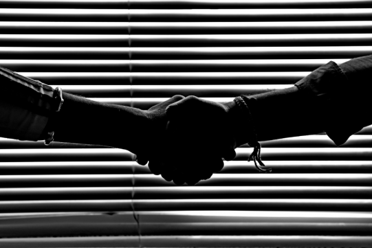 Monochromatyczna fotografia ludzi ściskających ręce.
