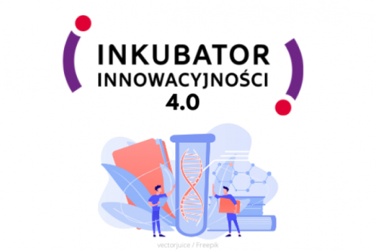 Duża probówka, obok stojący mały człowieczek i napis Inkubator Innowacyjności 
