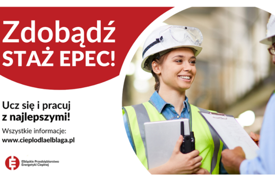 Na zdjęciu znajduje się na czerwonym tle informacja o programie stażowym. Po prawej stronie znajduje się studentka ubrana w odblaskowo zieloną kamizelkę oraz biały kask.