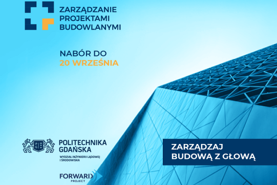 grafika  przedstawiająca fragment nowoczesnego budynku w odcieniach niebieskiego, nazwa kierunku i logo uczelni