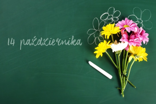 Kwiatki na tle zielonej tablicy szkolnej 