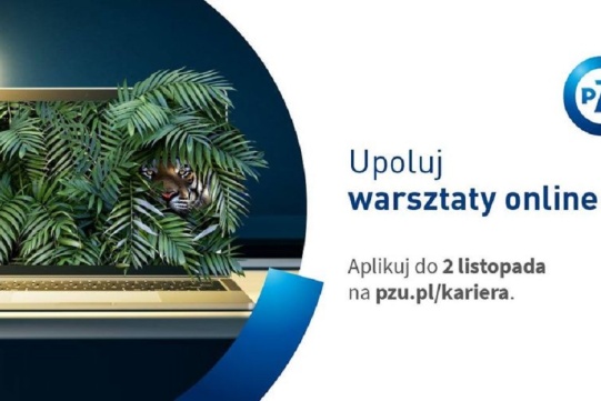 Na zdjęciu widoczna jest na białym tle informacja o wydarzeniu. Po lewej stronie w ekranie laptopa widać tygrysa ukrytego za liśćmi paproci.