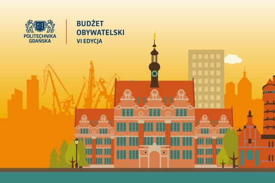 grafika budżetu obywatelskiego PG - grafika gmachu głównego na pierwszym planie