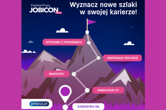 Na zdjęciu na fioletowym tle znajduje się kolorowy plakat promujący festiwal pracy.