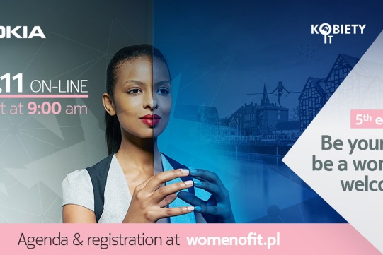 Na zdjęciu znajduje się po lewej stronie kobieta, po prawej informacja o konferencji.