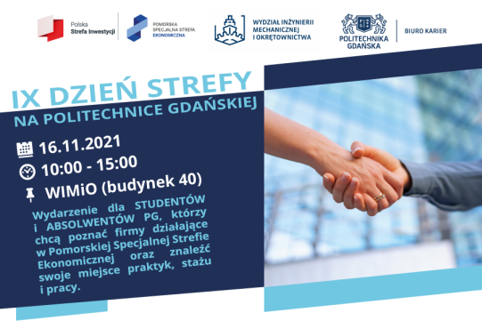 Na zdjęciu po lewej stronie widoczna jest informacja o wydarzeniu. Po prawej  stronie na tle szklanego budynku uścisk dłoni dwóch kobiet.