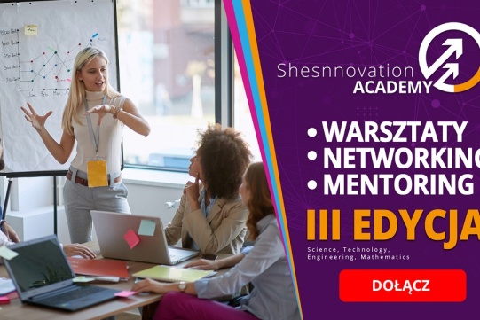 Na zdjęciu po lewej stronie znajdują się cztery kobiety i mężczyzna. Po lewej stronie na fioletowym tle informacja o programie. 