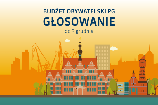 Na zdjęciu, na żółtym tle znajdują się żółte budynki oraz informacja zachęcająca do głosowana na budżet obywatelski