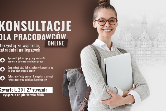 Na zdjęciu widoczna jest kobieta ubrana w biały sweterek. Dodatkowo znajduje się informacja o e-konsultacjach.