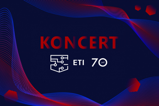 Granatowa grafika z czerwonym napisem Koncert 