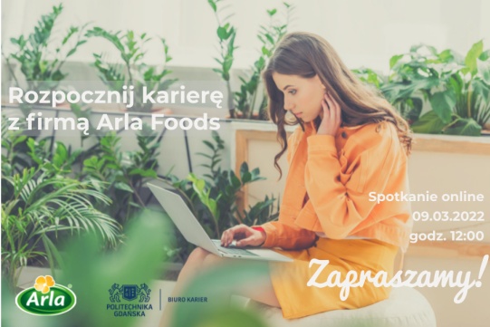 Na zdjęciu widoczna jest kobieta  w pomarańczowej bluzce z komputerem na kolanach. Dodatkowo jest informacja o spotkaniu.