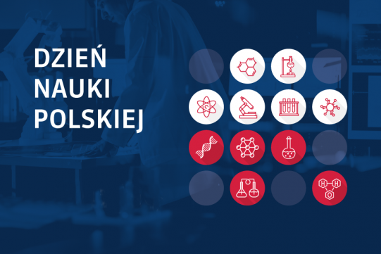 Granatowa grafika z napisem Dzień Nauki Polskiej 