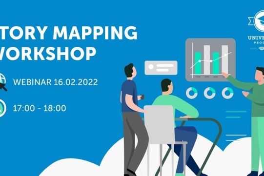 Na zdjęciu na niebieskim tle znajduje się informacja o warsztacie