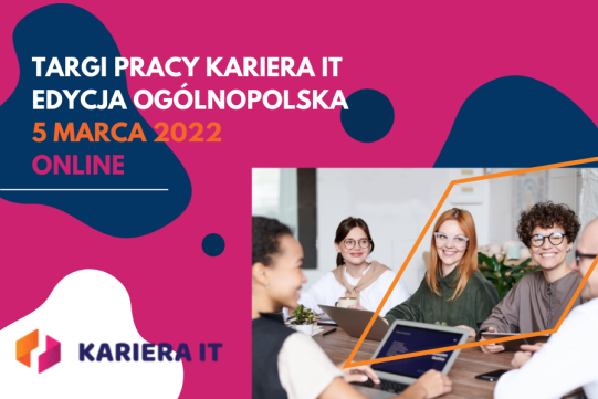 Na zdjęciu na czerwonym tle po prawej stronie widocznych jest kilka osób, po lewej informacja o targach.