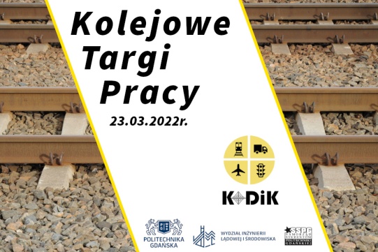 Na zdjęciu znajdują się tory na których znajduje się baner z napisem o Kolejowych Targach Pracy