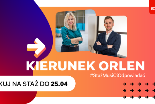 Na zdjęciu na pomarańczowym tle znajduje się kobieta i mężczyzna.