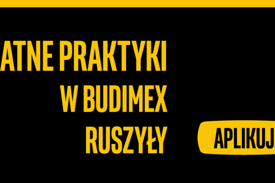 Na zdjęciu na czarnym tle jest informacja żółtymi literami o praktykach