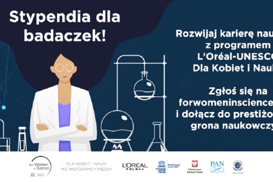 Na zdjęciu znajduje się naukowiec ubrany w biały kitel oraz informacje o stypendium.