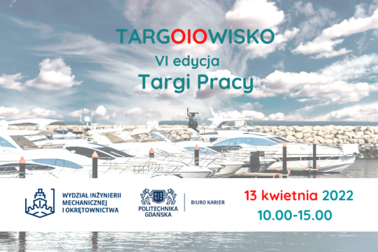 Na zdjęciu na tle jachtów i nieba z chmurami widoczna jest informacja o targach.