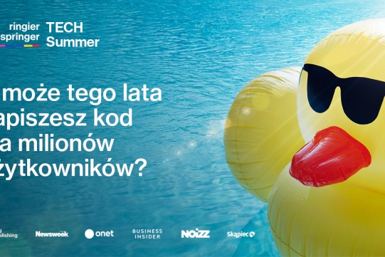 Na zdjęciu na niebieskim tle widoczna jest informacja o programie oraz żółta kaczuszka w słonecznych okularach.