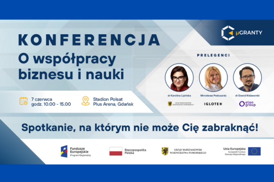 Na zdjęciu widoczne są zdjęcia trzech prelegentów oraz informacja o konferencji