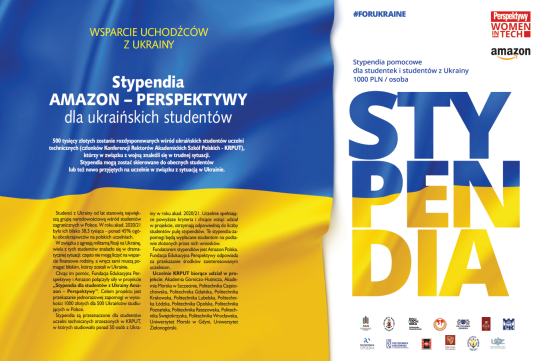 Plakat promujący projekt. Tekst zawarty w artykule na tle niebiesko-żółtej flagi. Po prawej stronie duży napis stypendia oraz loga firmy Amazon oraz Fundacji Edukacyjnej Perspektywy.