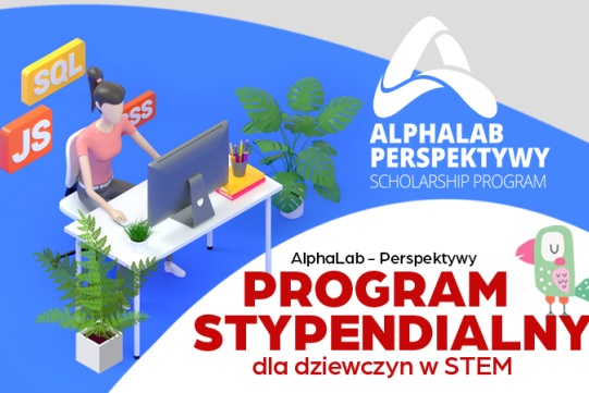 Na zdjęciu, po lewej stronie, widoczna jest rysunkowa postac kobiety siedzacejprzy biurku, przy laptopie, po prawej stronie widoczna jest nazwa programu stypendialnego